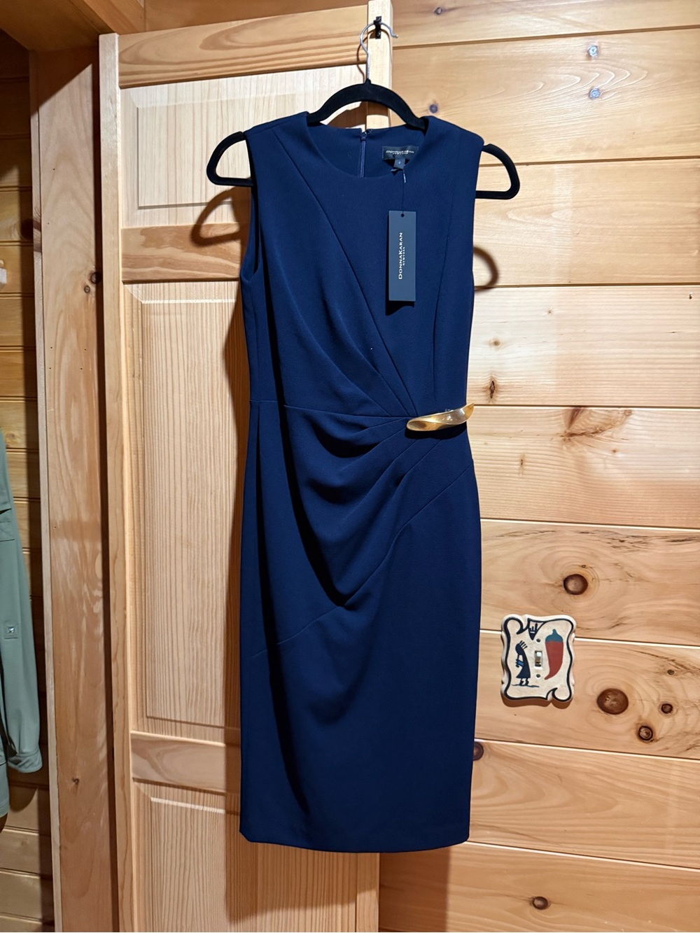 DKNY Navy Sheath Dress with Gold Accent Buckle